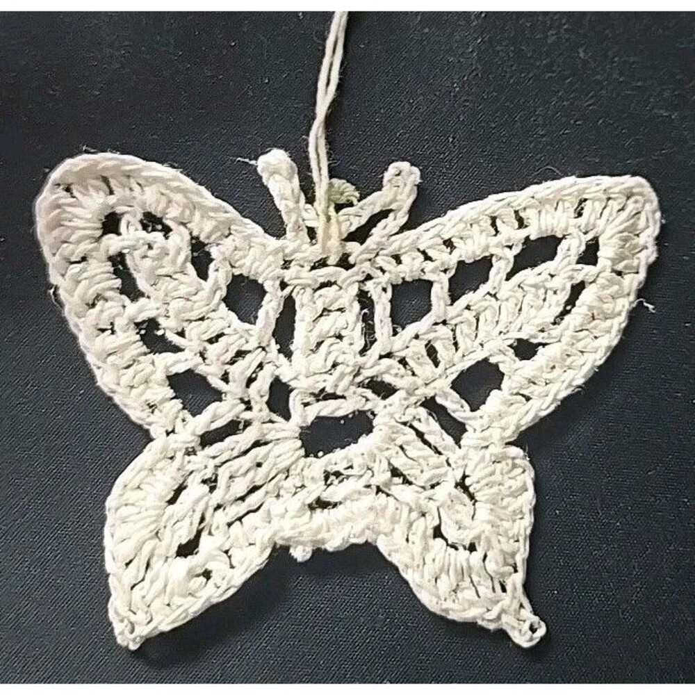 Vintage Christmas Tree Ornament Hand Crocheted Butterfly White Holiday Decorate